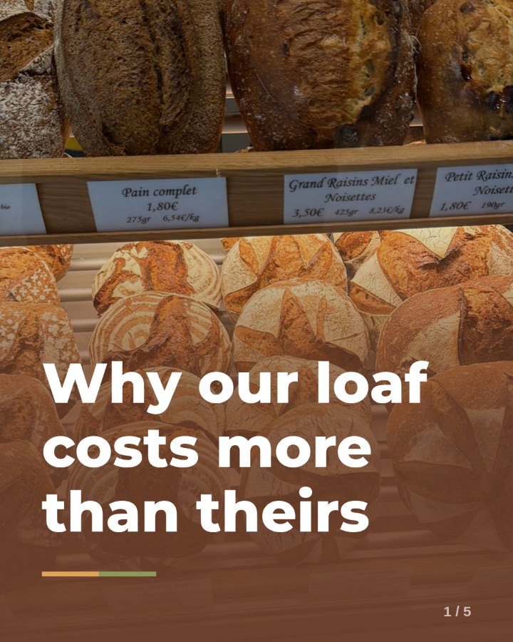 The opening slide of a bakery carousel, reading "Why our loaf costs more than theirs" over a shelf of bread